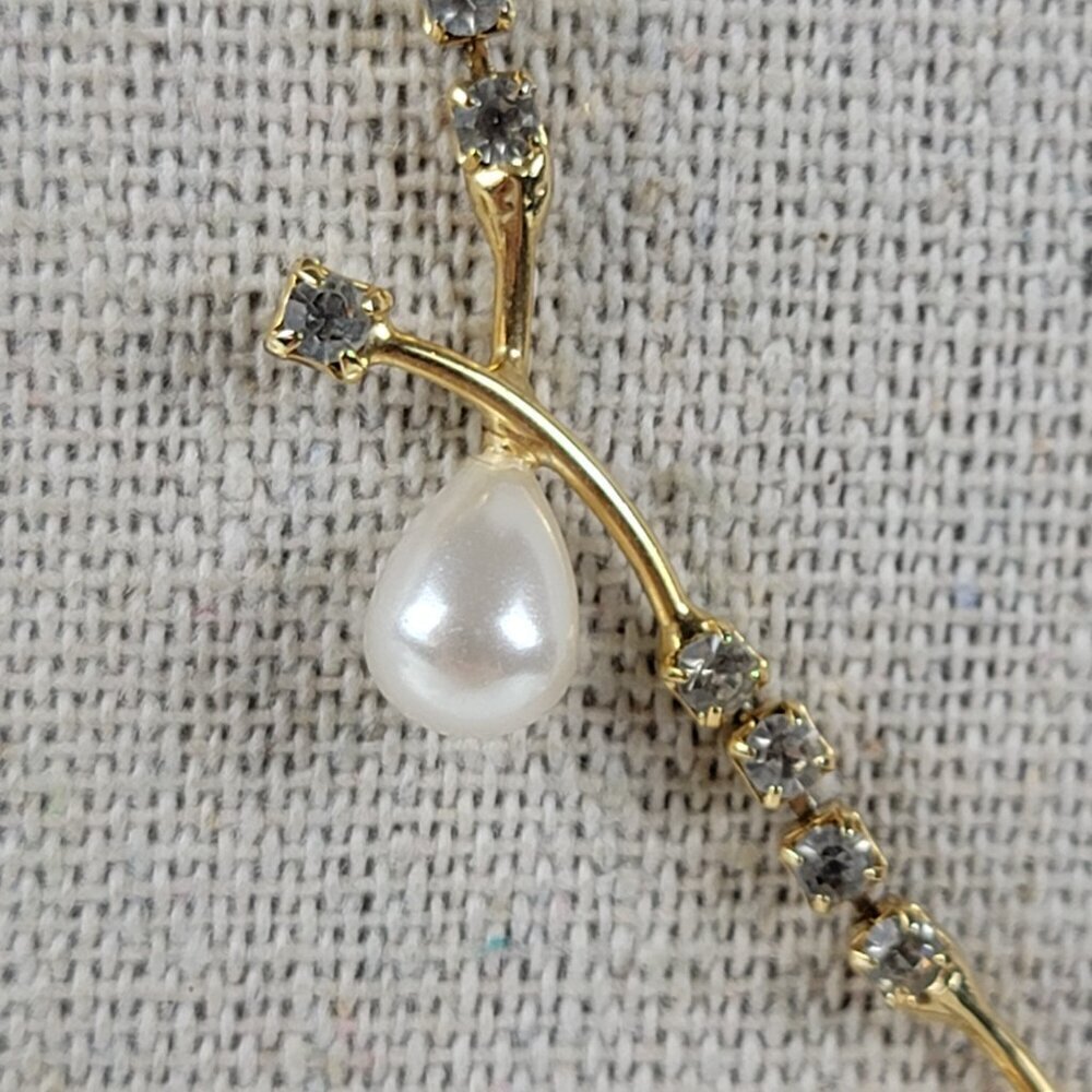 Vintage Gold-Tone Smoke Rhinestone White Faux Pearl Vine Necklace 18 In - Picture 3 of 11